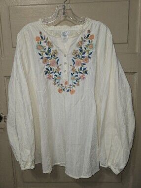 Cracker Barrel Floral Embroidered Swissdot Cream Balloon Sleeve Blouse NWT